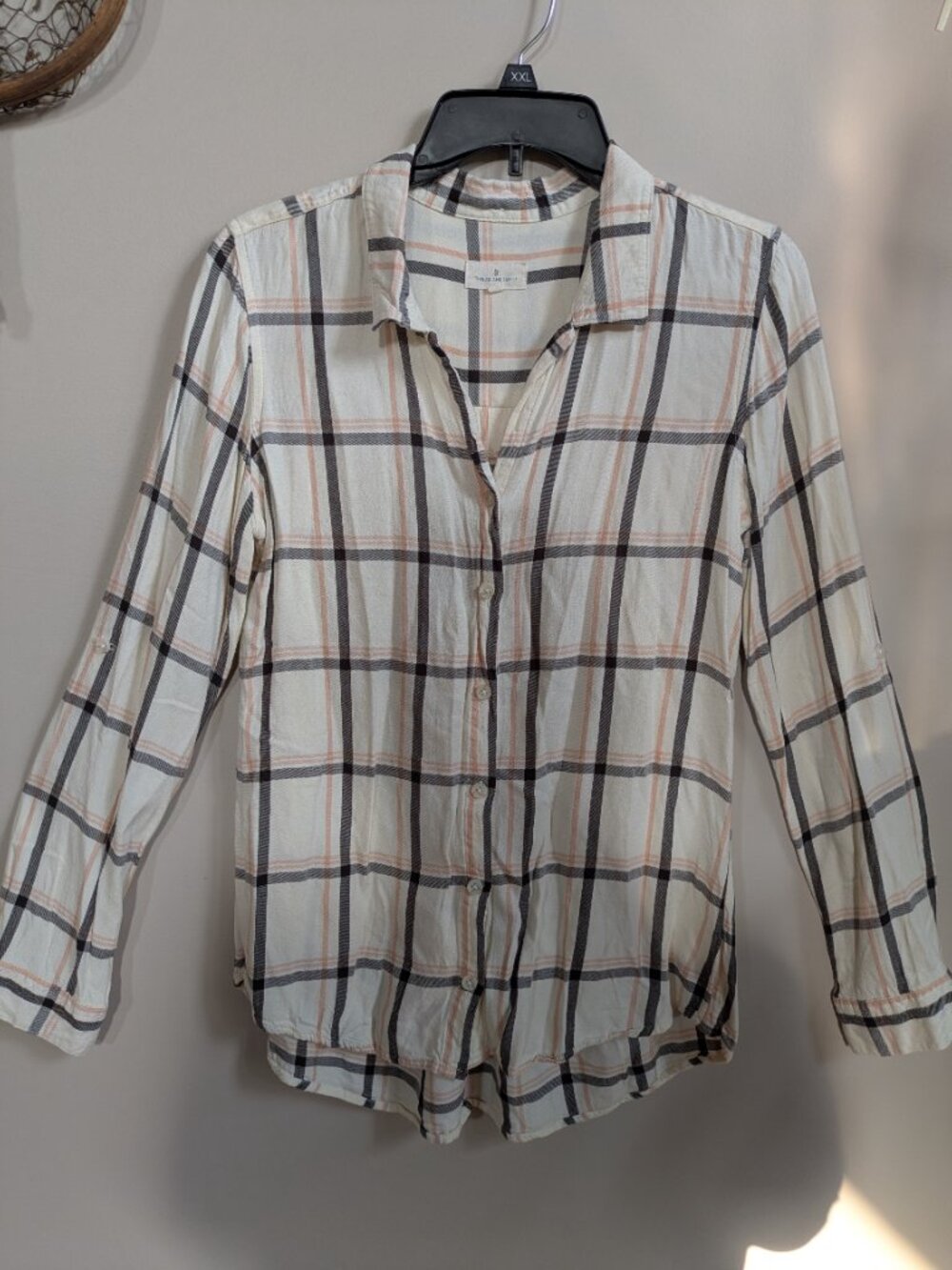thread & supply flannel shirt viscose long sleeve ivory pink black size S #537 - Picture 2 of 6